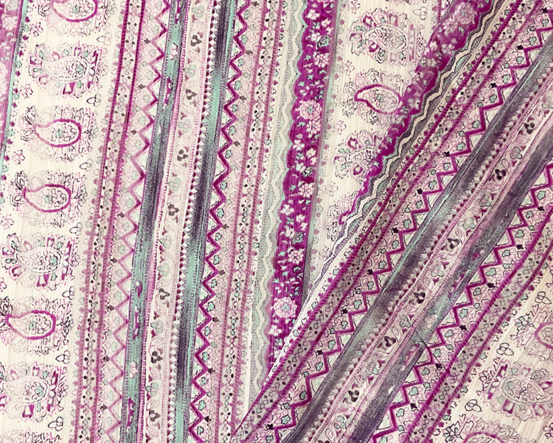 Purple-Multi Paisley Printed Satin Stripe Chiffon Woven Fabric