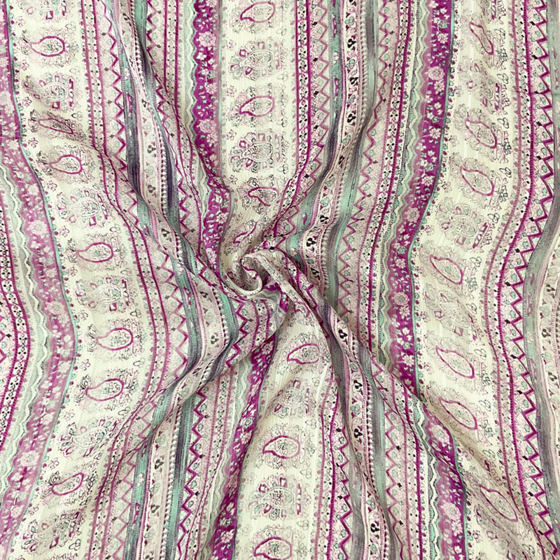 Purple-Multi Paisley Printed Satin Stripe Chiffon Woven Fabric