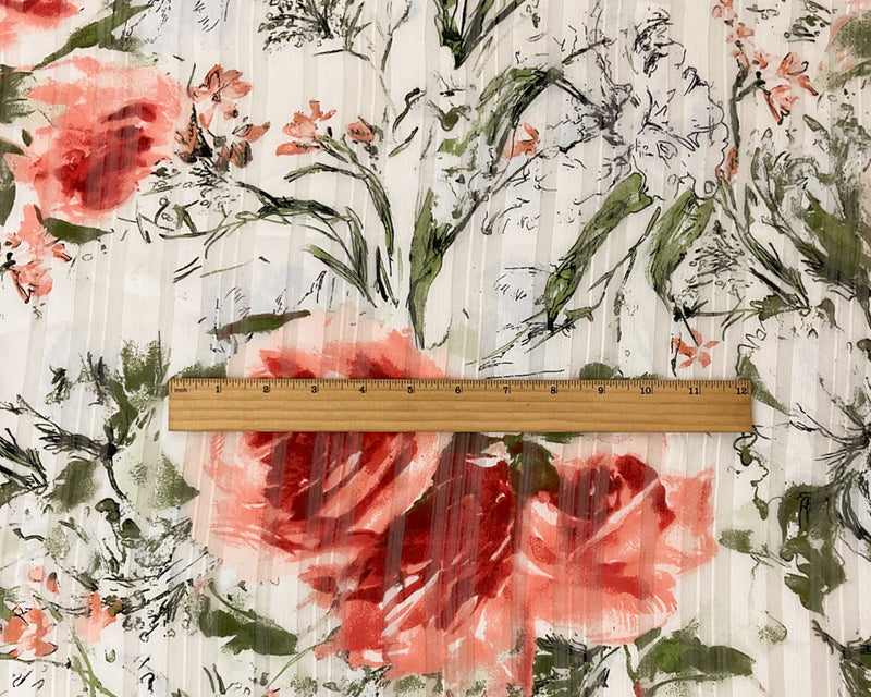 White-Multi Poly Floral Printed Satin Stripe Chiffon Woven Fabric