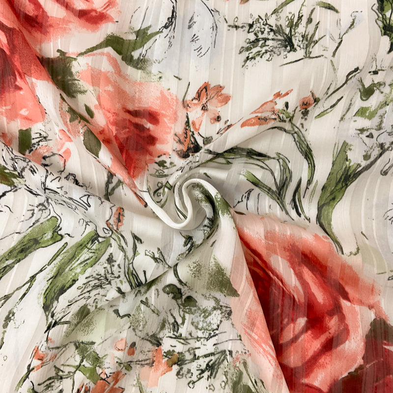 White-Multi Poly Floral Printed Satin Stripe Chiffon Woven Fabric