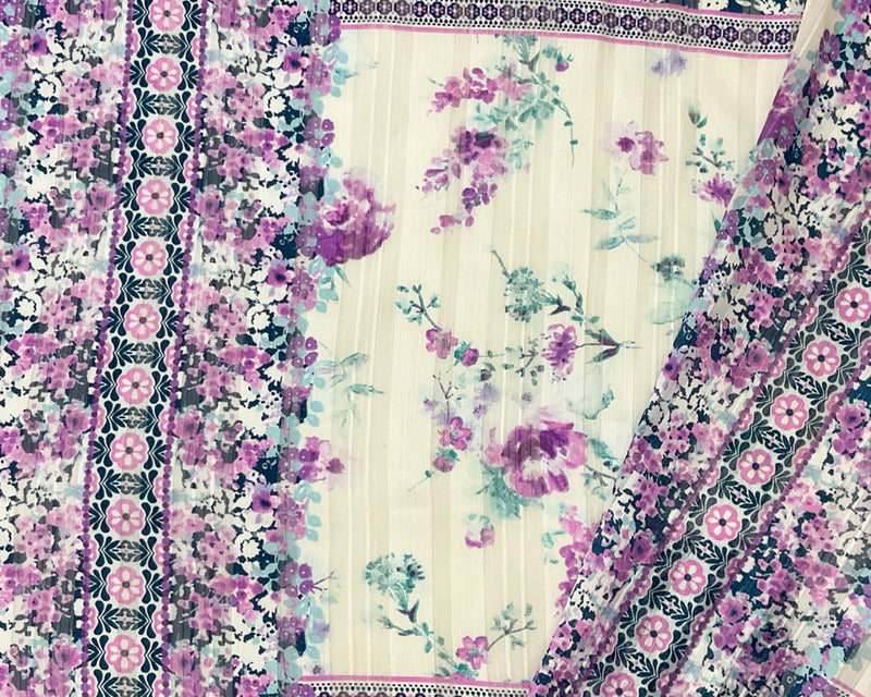 Blue-Multi Poly Floral Printed Satin Stripe Chiffon Woven Fabric