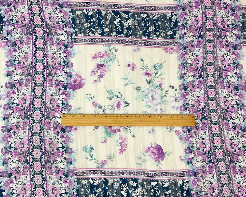 Blue-Multi Poly Floral Printed Satin Stripe Chiffon Woven Fabric