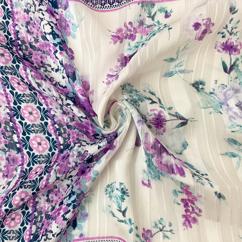Blue-Multi Poly Floral Printed Satin Stripe Chiffon Woven Fabric