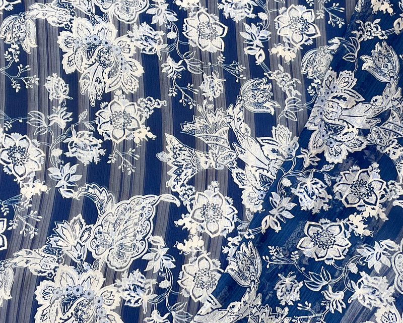 Blue-White Poly Floral Printed Satin Stripe Chiffon Woven Fabric