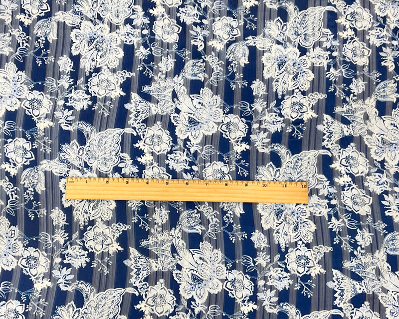 Blue-White Poly Floral Printed Satin Stripe Chiffon Woven Fabric
