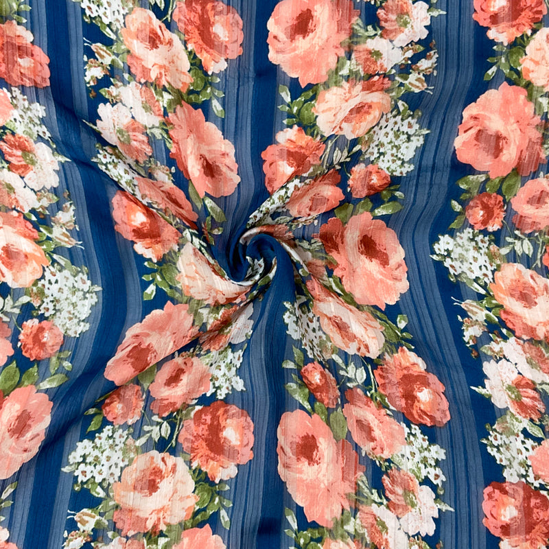 Blue-Multi Poly Floral Printed Satin Stripe Chiffon Woven Fabric