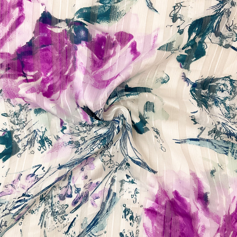 Purple-Multi Poly Floral Print Satin Stripe Chiffon Woven Fabric