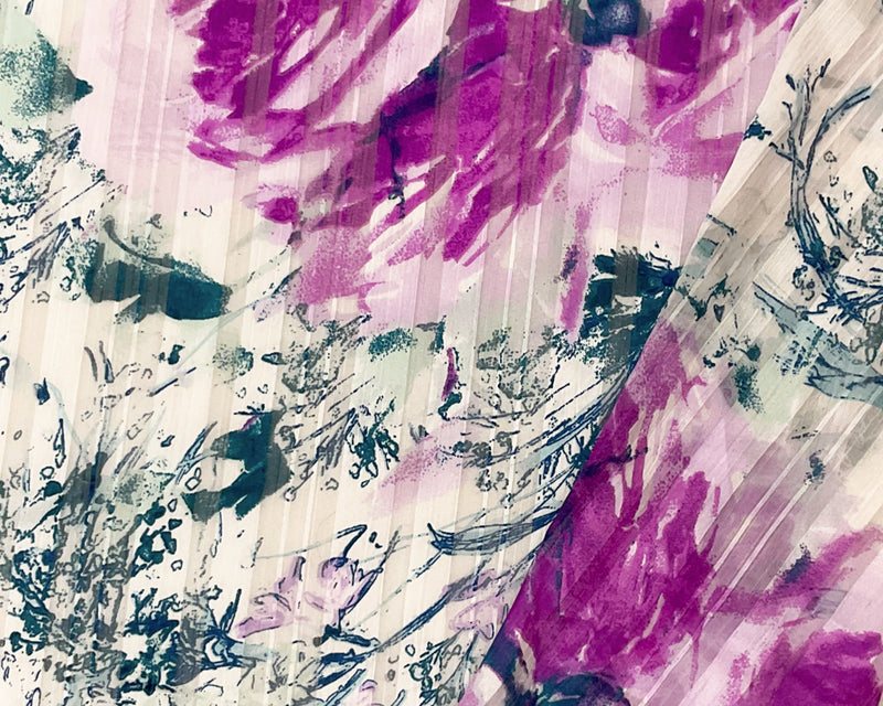 Purple-Multi Poly Floral Print Satin Stripe Chiffon Woven Fabric