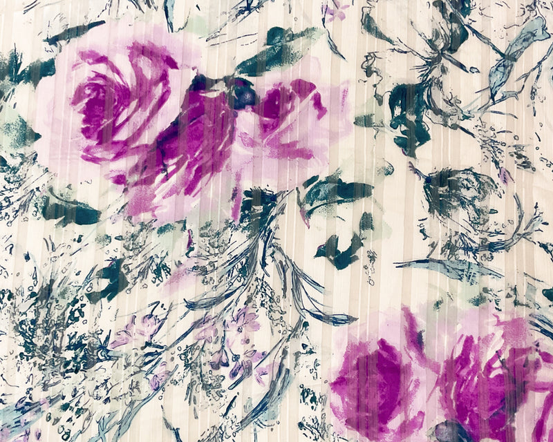 Purple-Multi Poly Floral Print Satin Stripe Chiffon Woven Fabric
