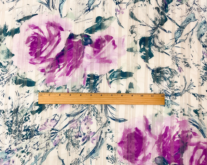 Purple-Multi Poly Floral Print Satin Stripe Chiffon Woven Fabric