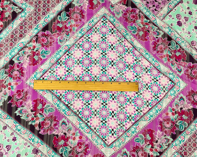 Turquoise-Multi Floral Printed Satin Stripe Chiffon Woven Fabric