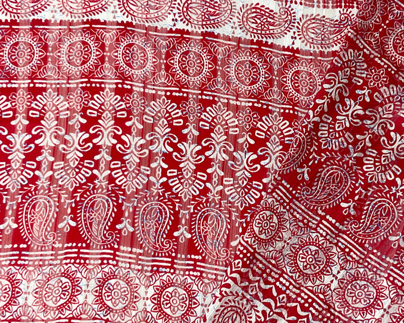 Red-Multi Stripe Paisley Print Satin Stripe Chiffon Woven Fabric