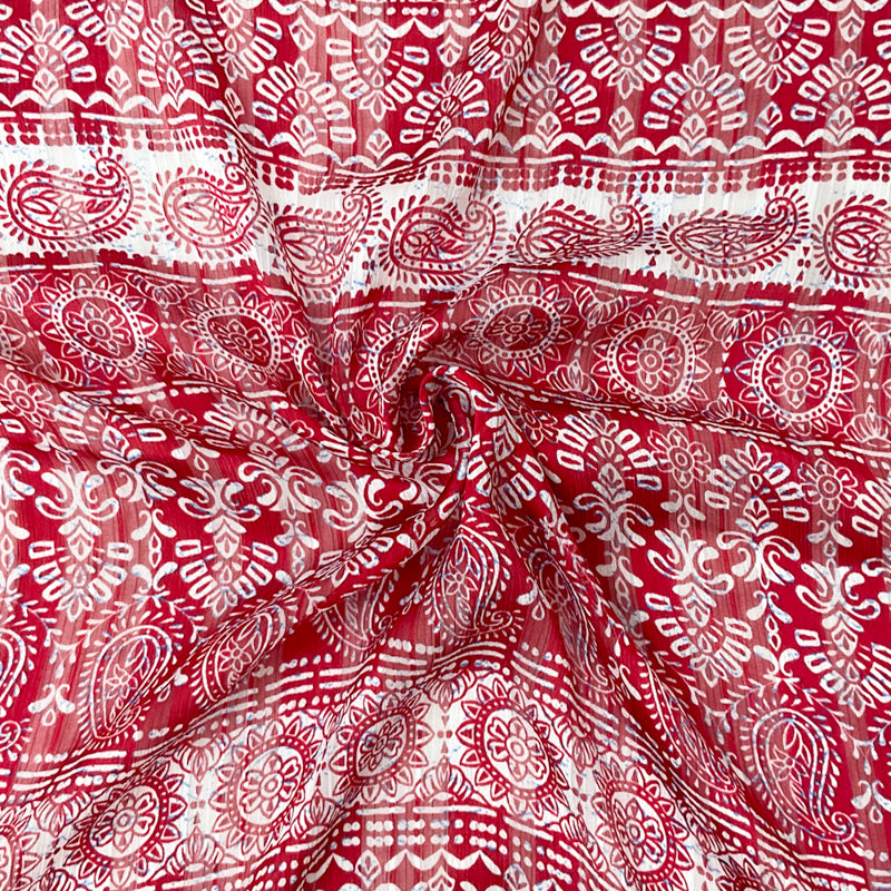 Red-Multi Stripe Paisley Print Satin Stripe Chiffon Woven Fabric