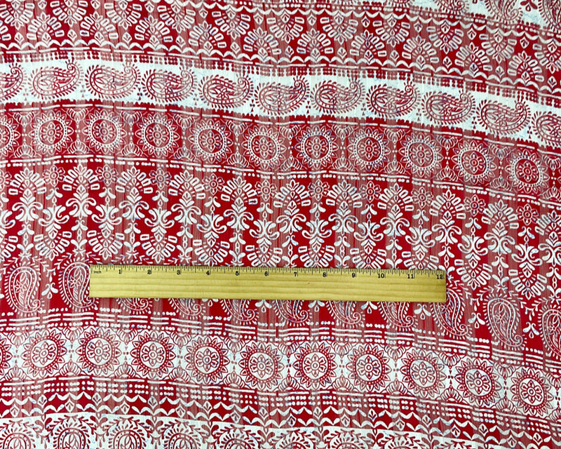 Red-Multi Stripe Paisley Print Satin Stripe Chiffon Woven Fabric