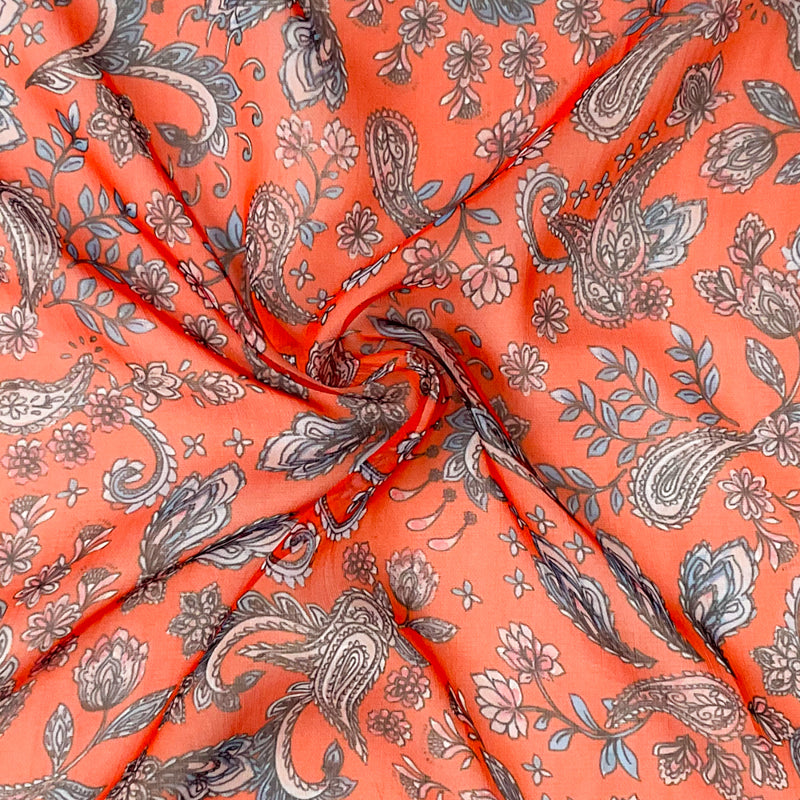 Red Orange-Multi Poly Floral Printed Yoryu Chiffon Woven Fabric