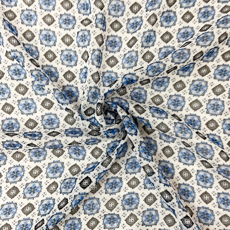 White-Multi Abstract Floral Printed Yoryu Chiffon Woven Fabric