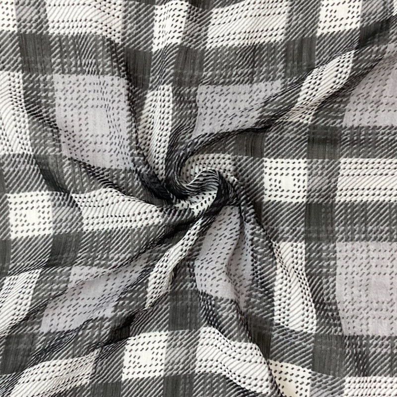 Black-White Poly Plaid Printed Yoryu Chiffon Woven Fabric