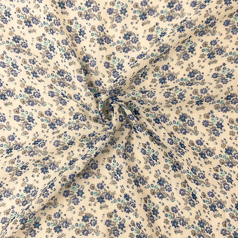 Blue-Multi Poly Floral Printed Slub Chiffon Woven Fabric
