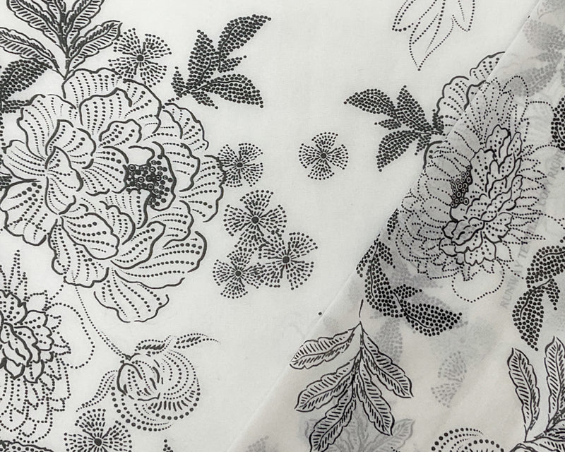 3 5/8 YD PC-Black-White Abstract Floral Printed Pebble Chiffon Woven Fabric