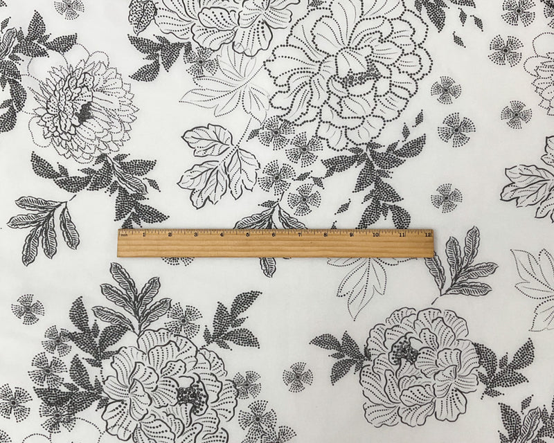 3 5/8 YD PC-Black-White Abstract Floral Printed Pebble Chiffon Woven Fabric