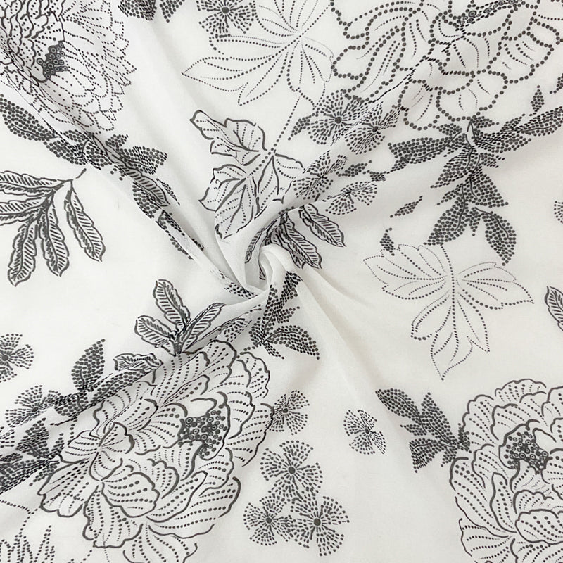 3 5/8 YD PC-Black-White Abstract Floral Printed Pebble Chiffon Woven Fabric