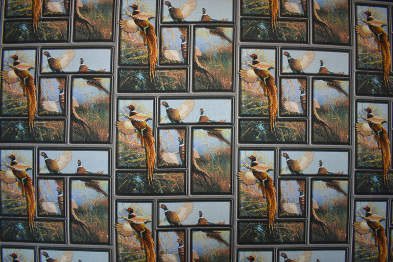 Blue-Brown-Multi Cotton Pheasant Flying High Printed Quilting Woven Fabric