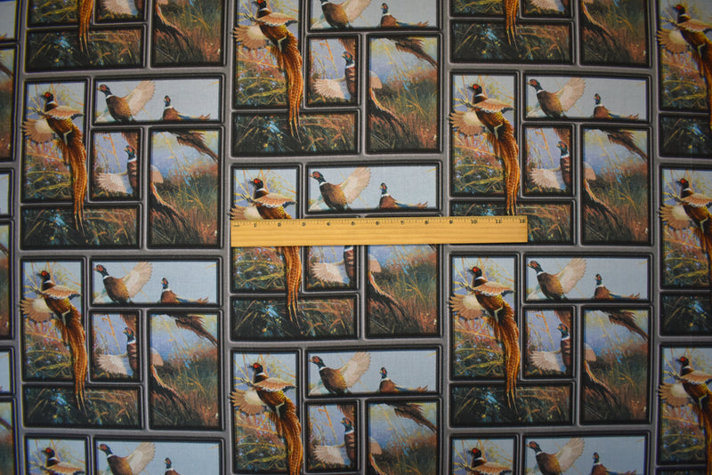 Blue-Brown-Multi Cotton Pheasant Flying High Printed Quilting Woven Fabric