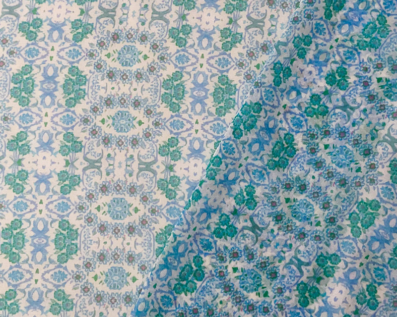 Blue-White-Multi Poly Abstract Floral Printed Chiffon Woven Fabric