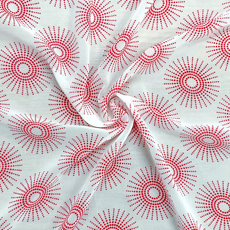 1 1/2 YD PC-White-Red Poly Abstract Printed Chiffon Woven Fabric
