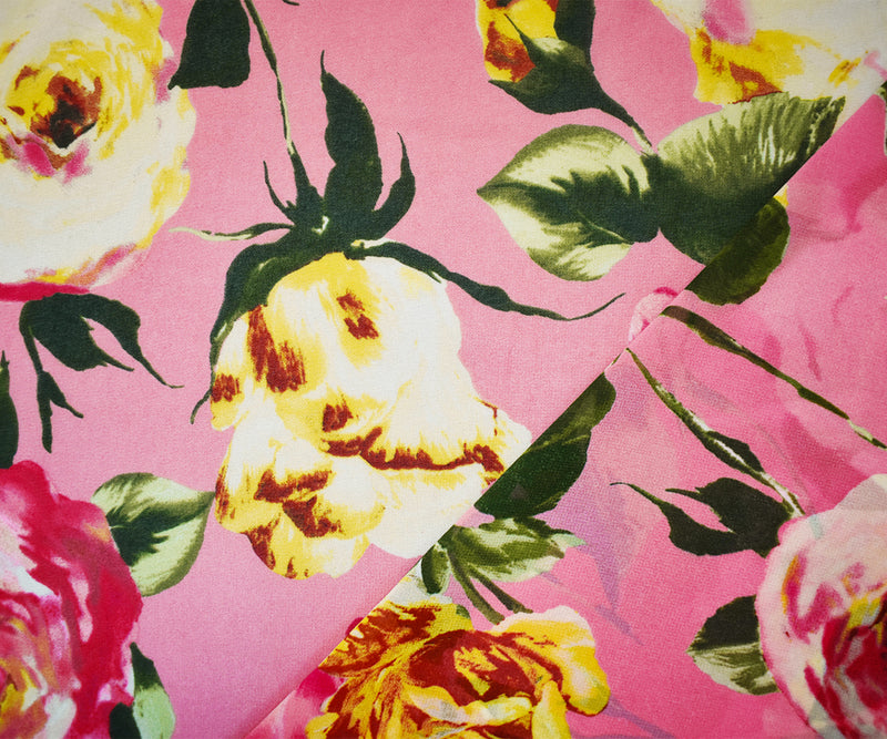 Pink-Yellow-Multi Poly Floral Printed Chiffon Woven Fabric