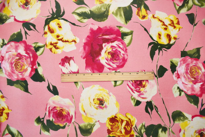 Pink-Yellow-Multi Poly Floral Printed Chiffon Woven Fabric
