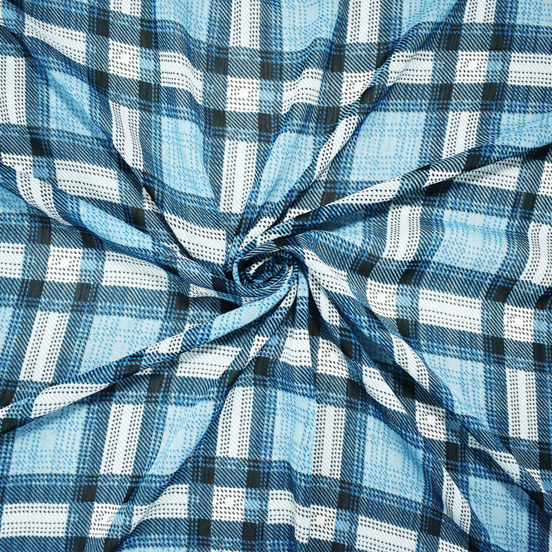 Blue-Black-Multi Poly Plaid Printed Yoryu Chiffon Woven Fabric