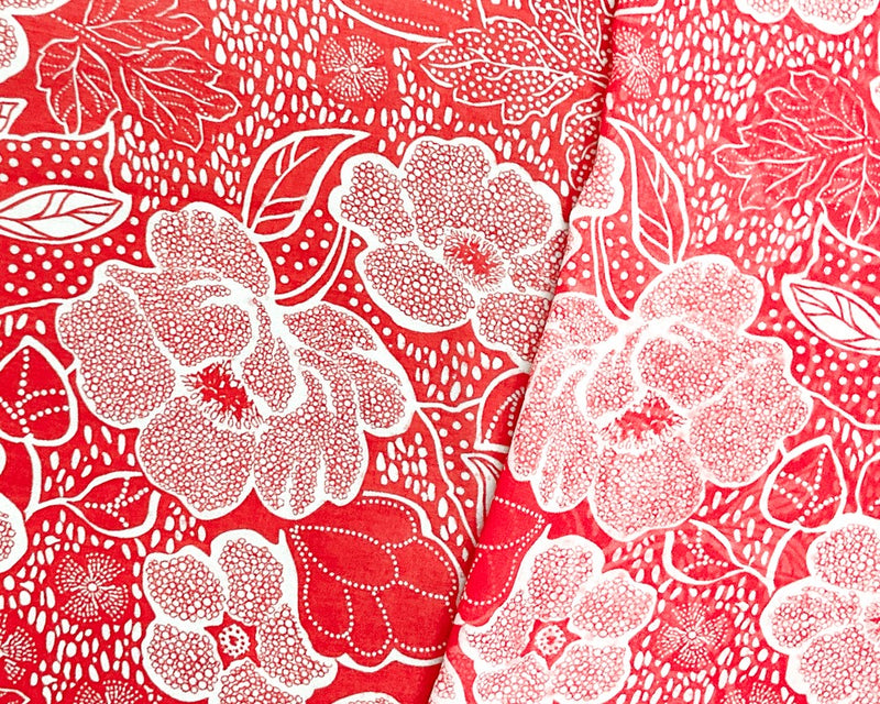 2 YD PC-Red-White Poly Floral Printed Chiffon Woven Fabric