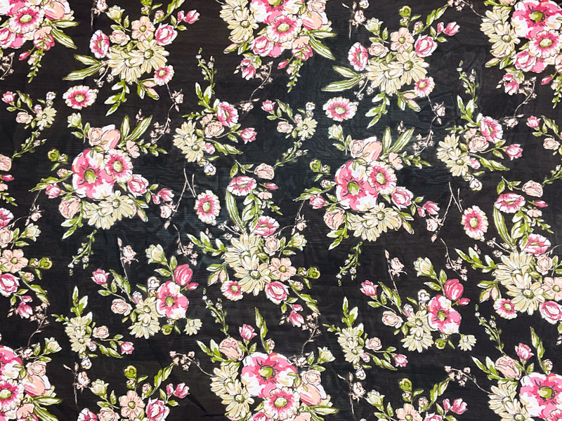 3 1/8 YD PC-Black-Green-Multi Poly Floral Printed Chiffon Woven Fabric