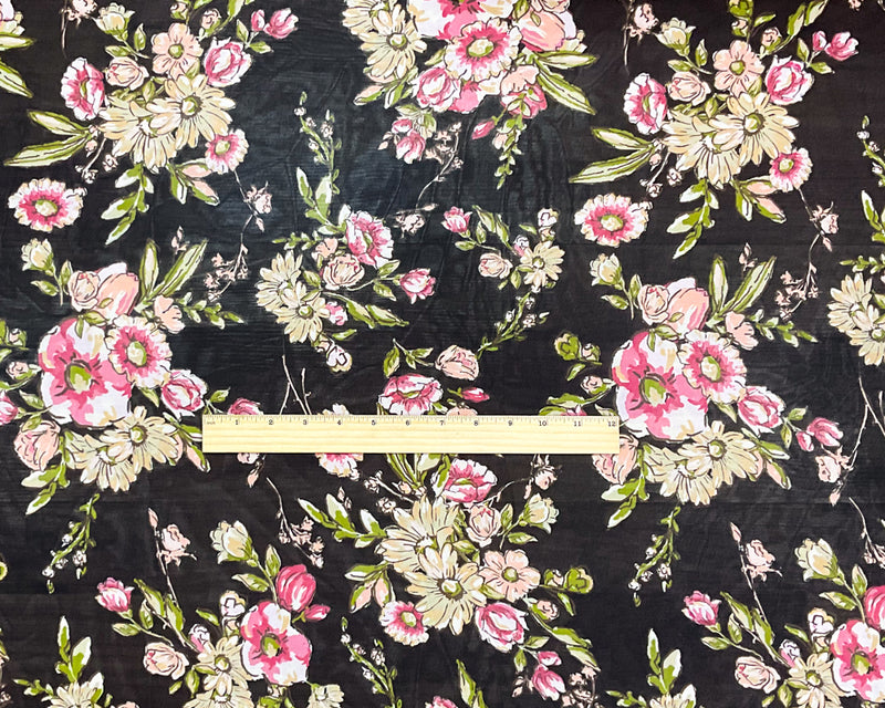 3 1/8 YD PC-Black-Green-Multi Poly Floral Printed Chiffon Woven Fabric