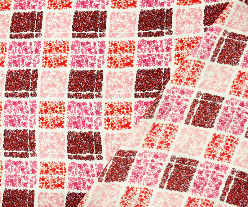 Pink-White Poly Square Floral Plaid Printed Moss Crepe Woven Fabric