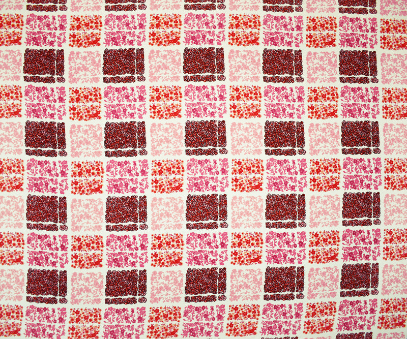 Pink-White Poly Square Floral Plaid Printed Moss Crepe Woven Fabric