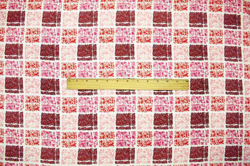 Pink-White Poly Square Floral Plaid Printed Moss Crepe Woven Fabric