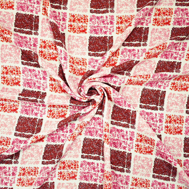 Pink-White Poly Square Floral Plaid Printed Moss Crepe Woven Fabric