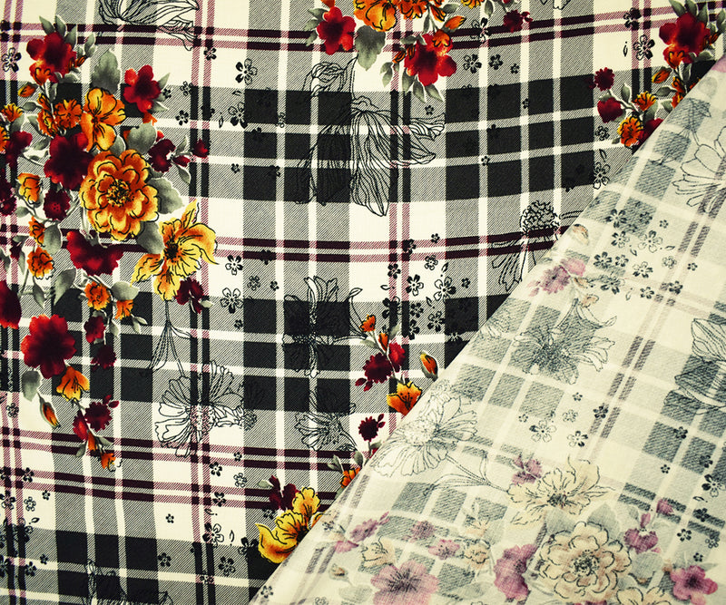 4 YD PC-Black-Red-Multi Rayon Floral Plaid Printed Challis Woven Fabric