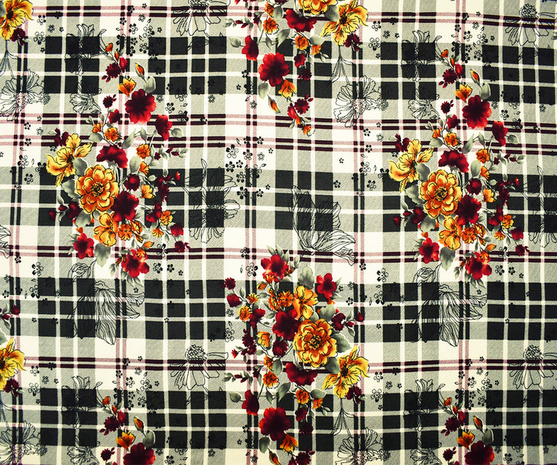 4 YD PC-Black-Red-Multi Rayon Floral Plaid Printed Challis Woven Fabric