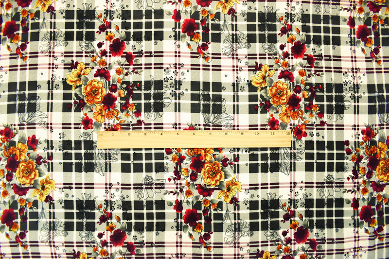 4 YD PC-Black-Red-Multi Rayon Floral Plaid Printed Challis Woven Fabric