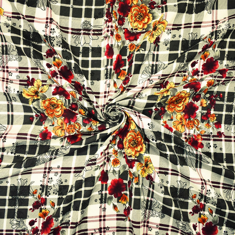 4 YD PC-Black-Red-Multi Rayon Floral Plaid Printed Challis Woven Fabric