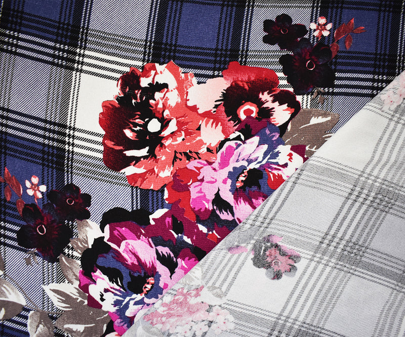 Red-Multi Poly Floral Plaid Printed Moss Crepe Woven Fabric