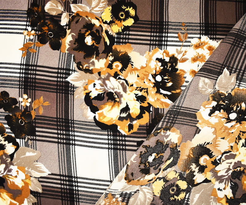 7/8 YD PC-Brown-Multi Poly Floral Plaid Printed Moss Crepe Woven Fabric
