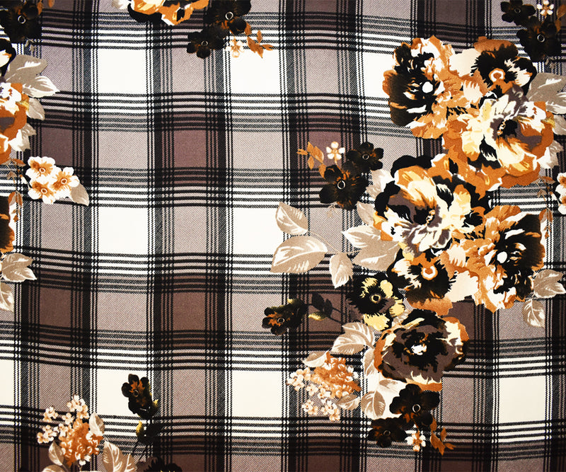 Brown-Multi Poly Floral Plaid Printed Moss Crepe Woven Fabric