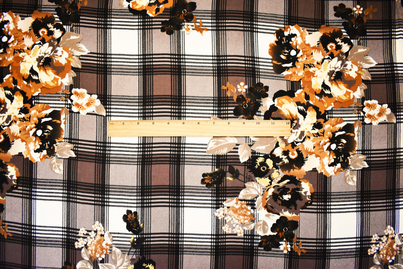 Brown-Multi Poly Floral Plaid Printed Moss Crepe Woven Fabric