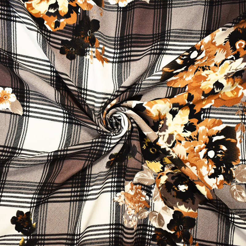 Brown-Multi Poly Floral Plaid Printed Moss Crepe Woven Fabric