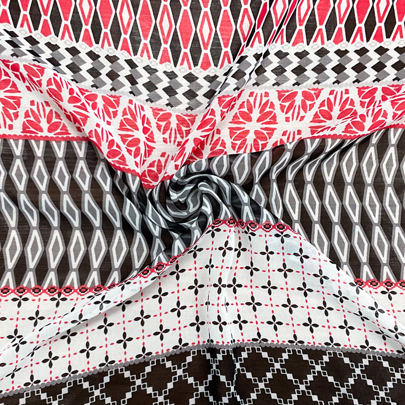 Red-White-Multi Poly Multi Pattern Printed Chiffon Woven Fabric