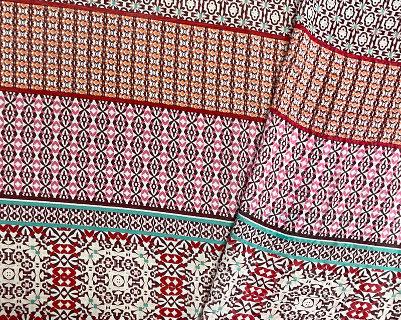 Red-Pink-Multi Poly Stripe Aztec Printed Chiffon Woven Fabric